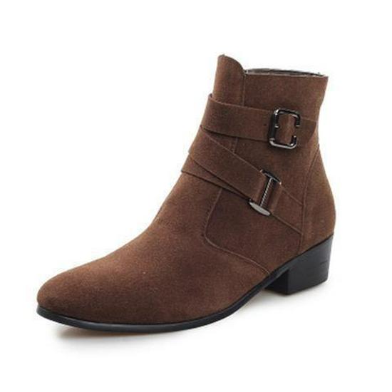 Men's Winter Plus Velvet Short Suede Boots – Korean Style, Trendy British High-Top with Inner Height Increase and Pointed Toe Design.