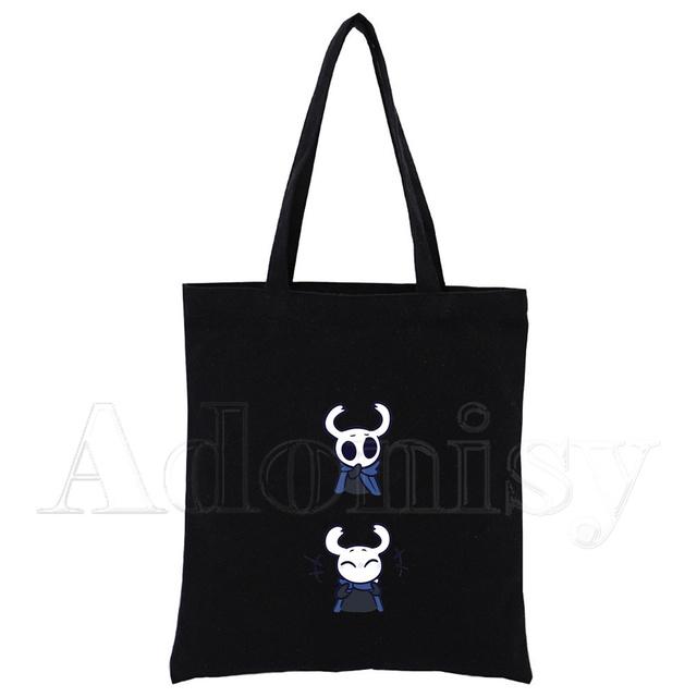 Hollow Knight Harajuku Konst Shopping Svarta Väskor Canvas Tote Bag Tryckt Tecknad Återanvändbar Tygkasse Handväska Axelväskor Anpassad