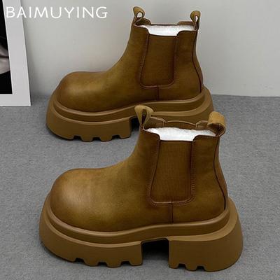 Platformă Ghete de gleznă pentru femei Piele Toc gros mediu Pantofi de modă Tendință 2025 Iarnă Marcă nouă Goth Pantofi cu toc Pantofi de motocicletă Botas Mujer