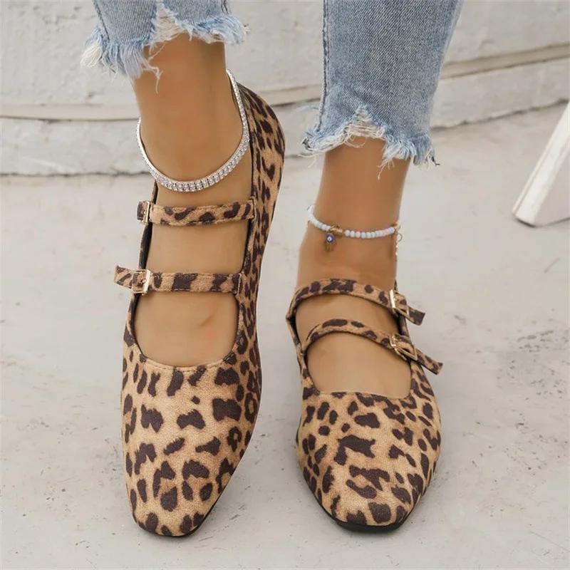Women's Shoes 2025 Brand Buckle Strap Women's Flats Fashion Leopard Print Daily Flats Women Hot Sale Square Toe Flat Low Heels