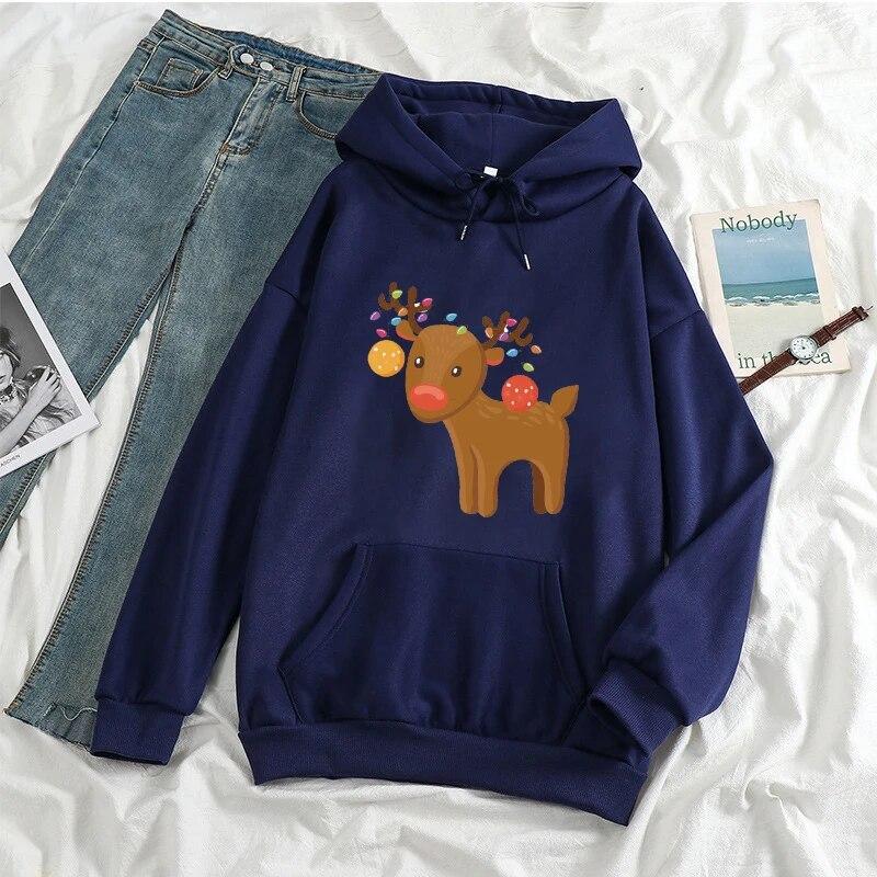 KAWAII Christmas Elk Hoodies Women Unisex Harajuku Fashion Xmas Streetwear Autumn Winte Warm Hooded Sweatshirts Pullover Ropa Mujer