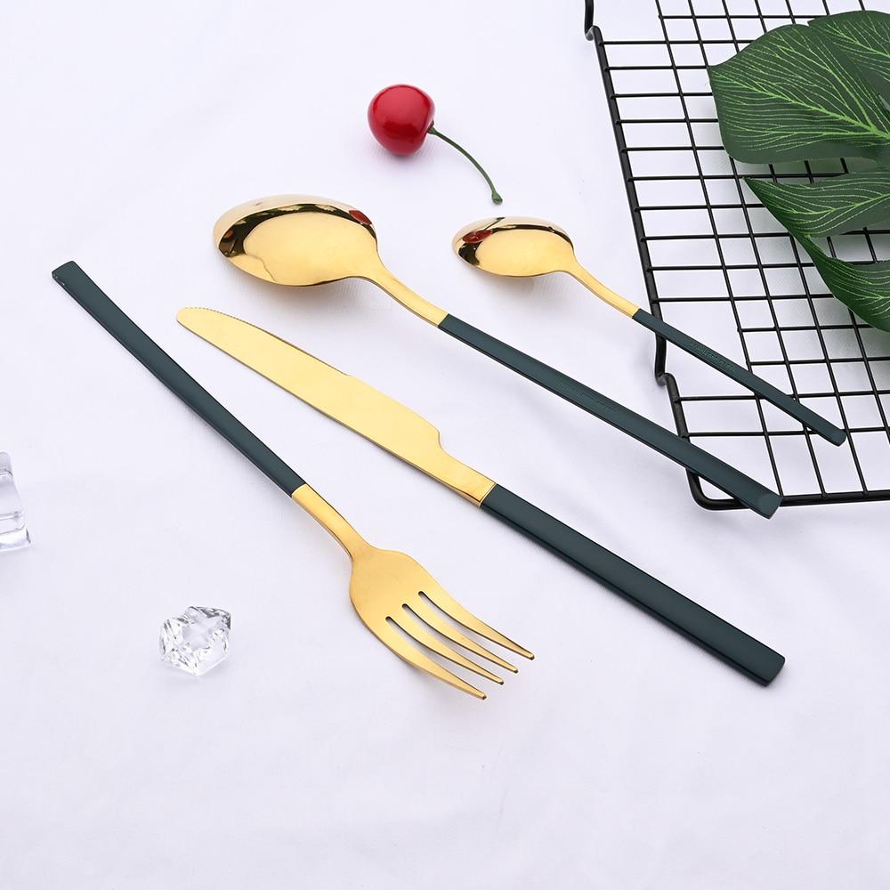 36Pcs/6Sets Mint Gold Cutlery Set Mirror Stainless Steel Flatware Knife Dessert Fork Tea Spoon Dinnerware Kitchen Restaurant Tableware