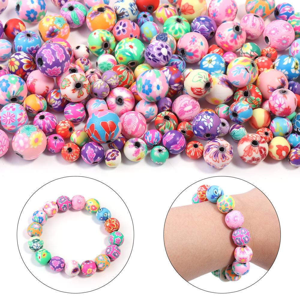 50 Stück 6/8/10/12 mm Polymer Clay Blumenmuster Perlen Gemischte Farbe Runde Lose Abstandshalterperlen Für Schmuckherstellung DIY Armband Zubehör