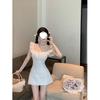 French Lace-up Square Neck Small Flying Sleeve Dress Women's Summer Gentle White Short Skirt, Thin Waist Skirt