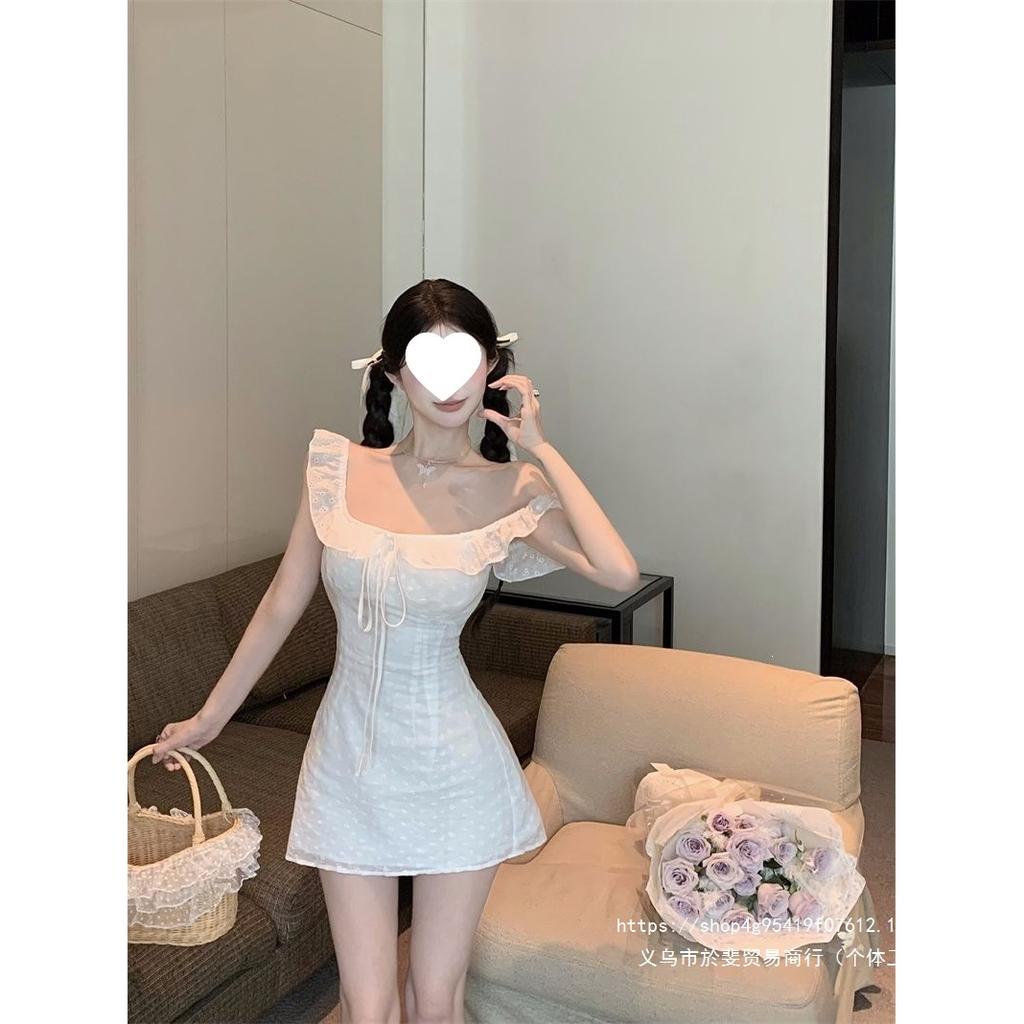 French Lace-up Square Neck Small Flying Sleeve Dress Women's Summer Gentle White Short Skirt, Thin Waist Skirt