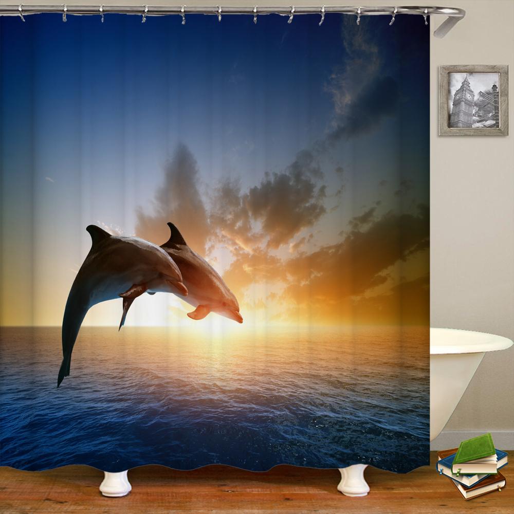 Cartoon Dolphin Shower Curtain Waterproof Home Decoration Curtain Ocean Sea Beach landscape Printed Bathroom Curtain With Hooks