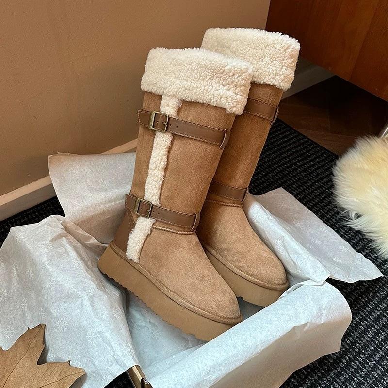 Autumn and Winter New Sheepskin Fur Integrated Warm Snow Boots Large Long Knight Boots Women's Wool Large Cotton Shoes
