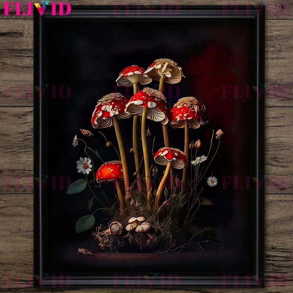 Dunkler Waldpilz und Vintage Rosa Rosen Vintage Wandkunst Druck Dunkel Botanisch Hexerei Gotischer Druck Wohnzimmer Dekoration