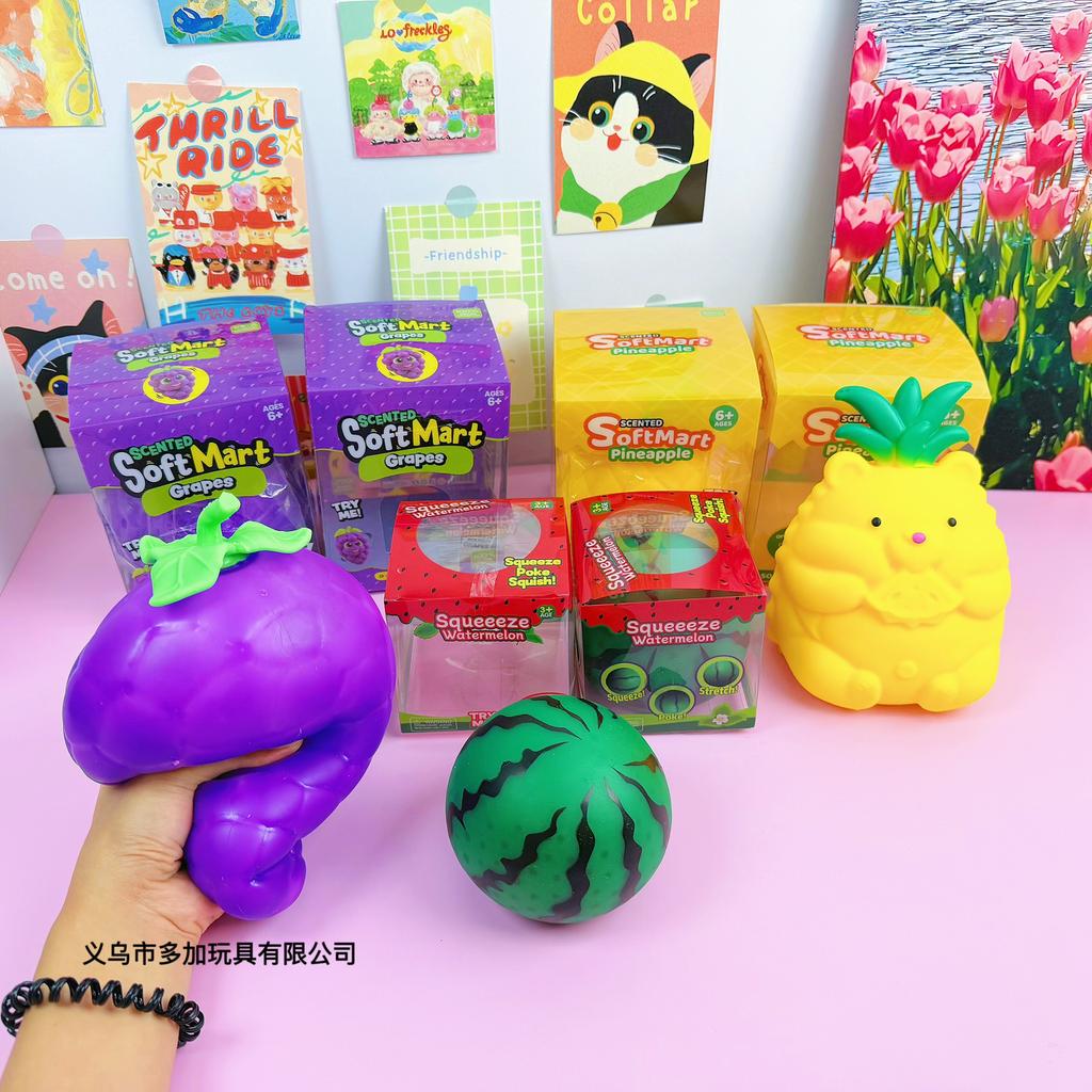 6Pcs/Full Case Jumbo Grape Watermelon Pineapple Squishy Toy Set Blind Box, Fast Rebound Simulated Fruit Stress Relief Fidget