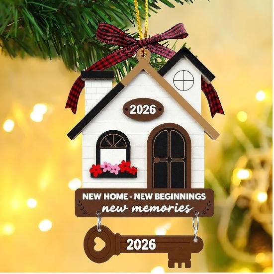 New Home Housewarming Gifts 2026 - Rustic Wood House Ornament with Key Charm & Buffalo Plaid Bow - 3.9" Closing Gift, Present for Homeowners Moving