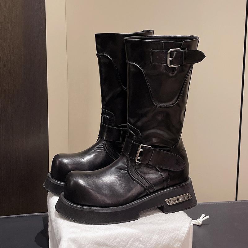 Fashion Brand Desinger Knight Women Mid Calf Boots Chunky High Heeled Platform Punk Motorcycle Long Booties Goth Street Shoes for Women