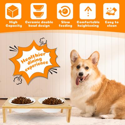 Cat Double Food Bowl Eco-Friendly Bamboo Elevated Pet Ceramic Bowl Pet Food and Water Bowl Practical Pet Supplies