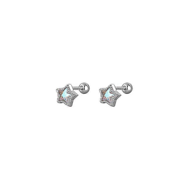 White Zircon Five-pointed Star Screw Earrings - Sterling Silver S999 Sterling Silver Colored Zircon Five-pointed Star Screw Earrings for Women In