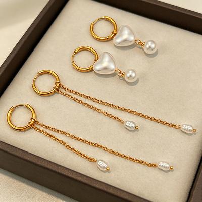 Stainless Steel Tassel Hoop Earrings Women Heart Pearl Long Earrings Buckle Fashion Colorfast Romantic Dinner Jewelry As Gifts