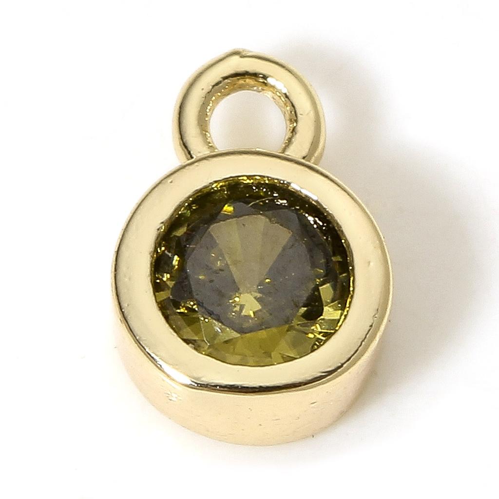 2PCs Classic Brass Birthstone Charms For Necklace DIY 18K Real Gold Plated Round Multicolour Cubic Zirconia Pendant 8mm x 5.5mm