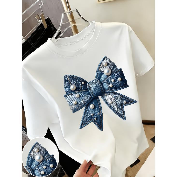 New sweet style denim with pearl bow print short sleeves and round neck T Women s T shirt Suitable for casual outings in spring and summer Niche S белый