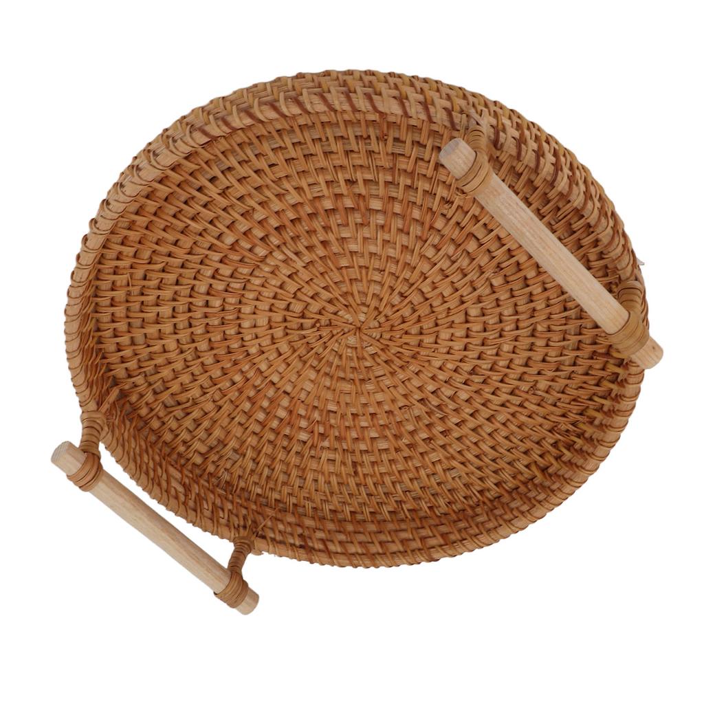 Rattan Fruit Tray with Wood Handles Exquisite Hand Woven Round Serving Tray for Storage Display Bread Fruit