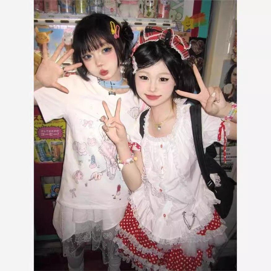 Kawaii Sweet Streetwear Trička Dámská Japonská móda Y2k Grafický Angel Potisk O Výstřih Volná trička Topy Soft Gril Léto
