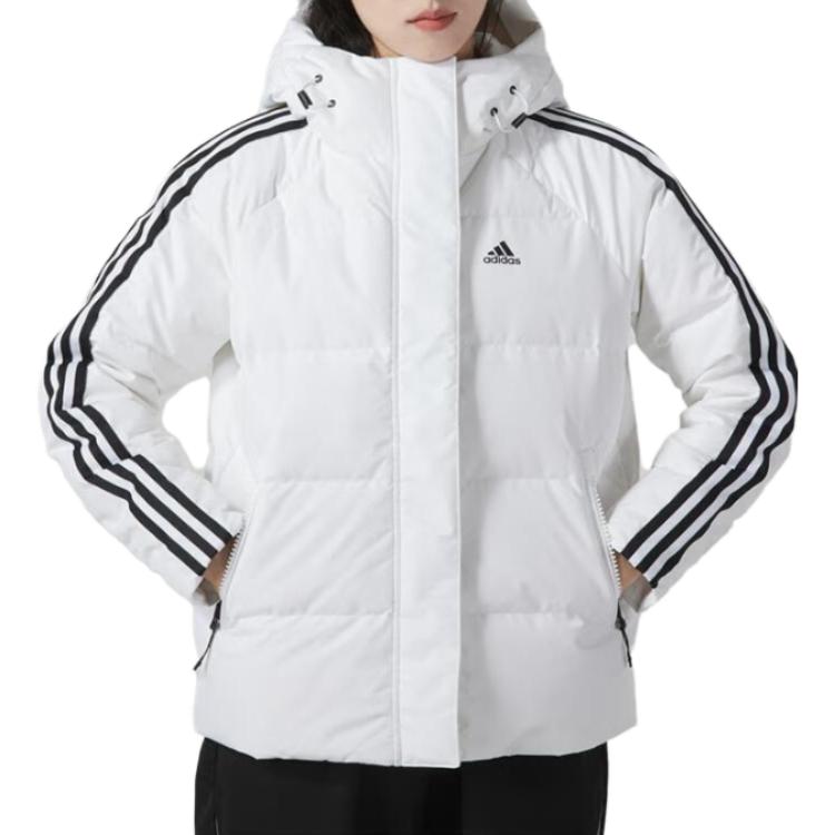 Adidas Puffy Sleeve Side Stripe Sports Warm Hooded Down Jacket Women Outerwear White IT8721