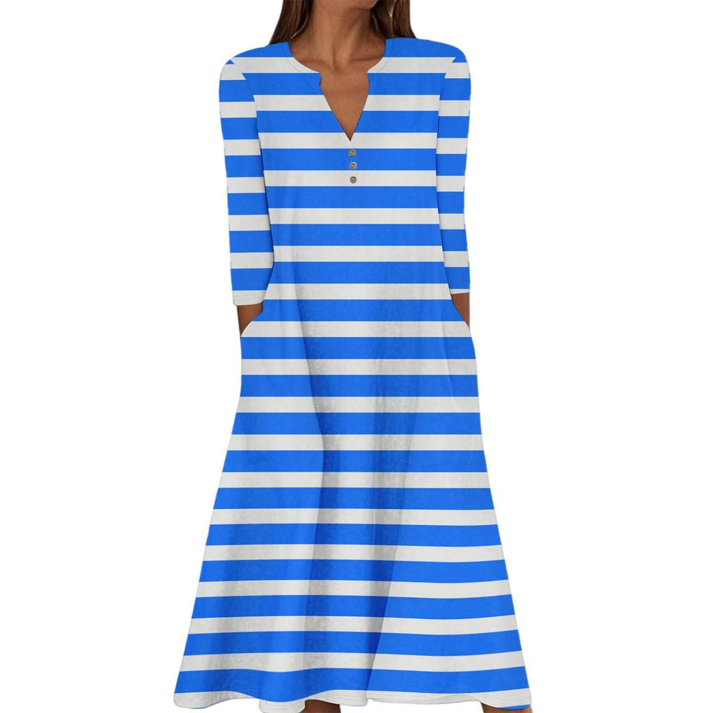 Damen Sommer Freizeit V-Ausschnitt Knopf Vintage Blumenmuster Dreiviertelarm Langes Kleid mit Taschen