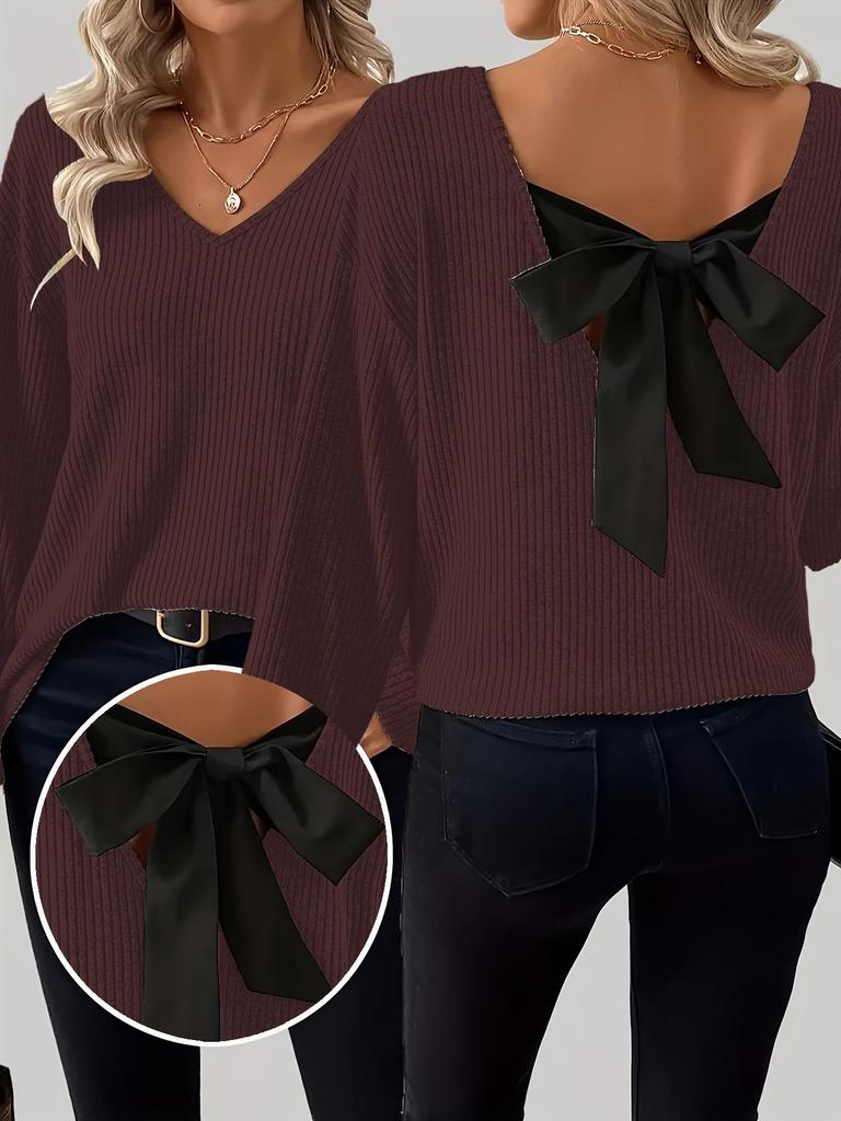 New Autumn Women's V-Neck Solid Sweater with Long Sleeves and Loose Bow Detail