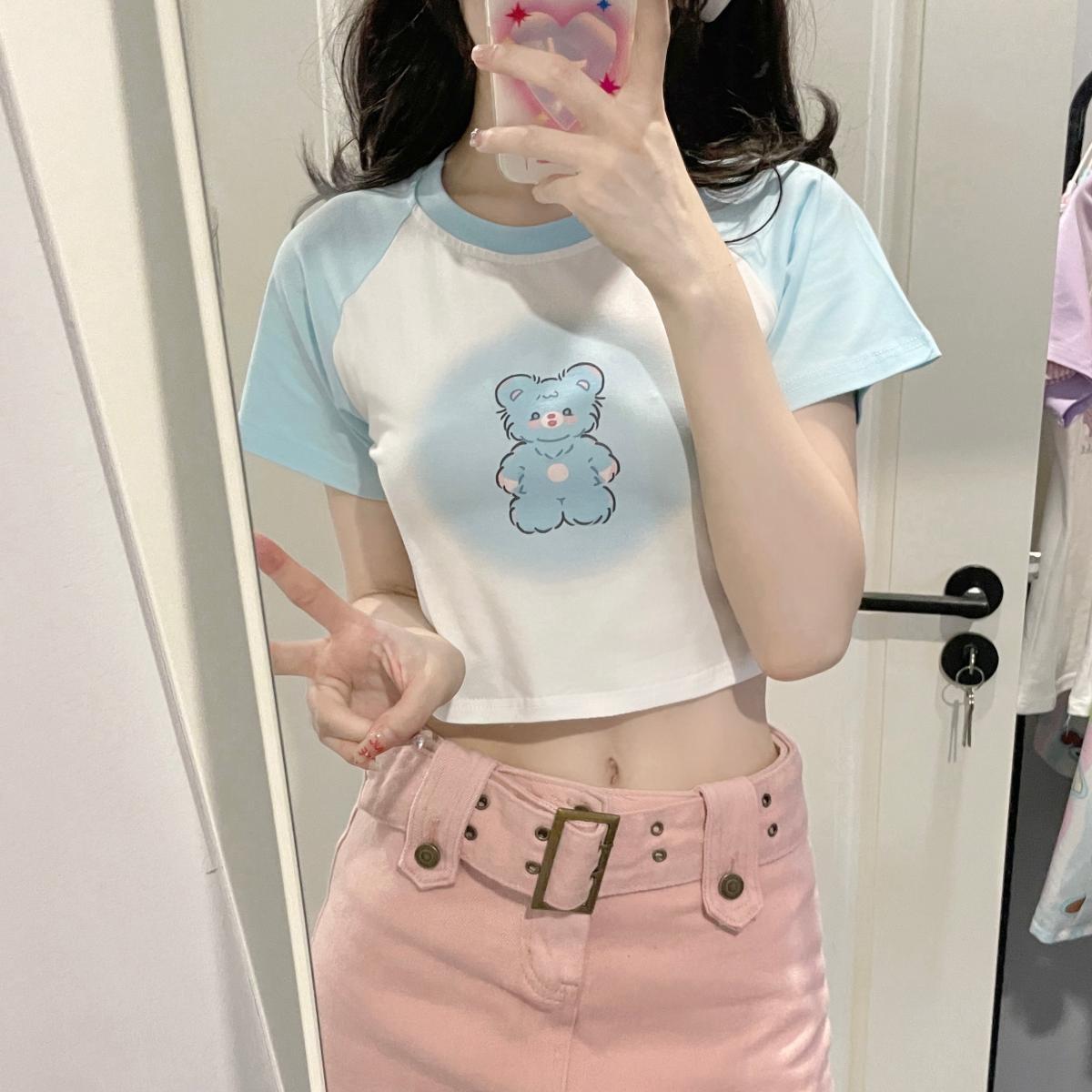 

Harajuku милая короткая футболка женская футболка с цветными блоками модная забавная футболка с мультяшным принтом молодая девушка повседневный тонкий укороченный топ женская уличная одежда