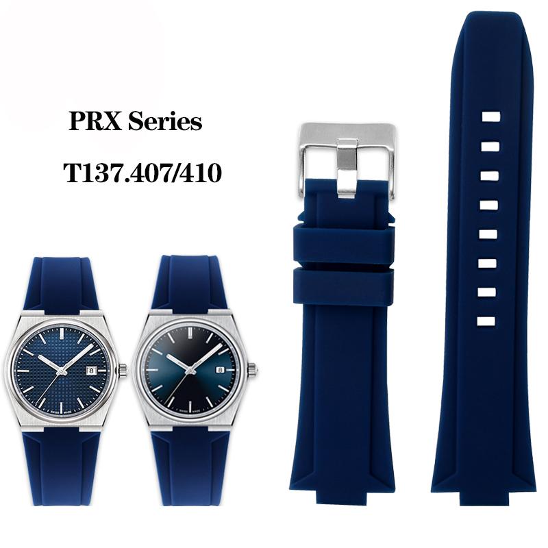 Gummi-Uhrenarmband für Tissot PRX Serie Super Player T137.410 Armband Sport Wasserdicht Silikon Weiches Armband Schwarz Blau 24x12mm