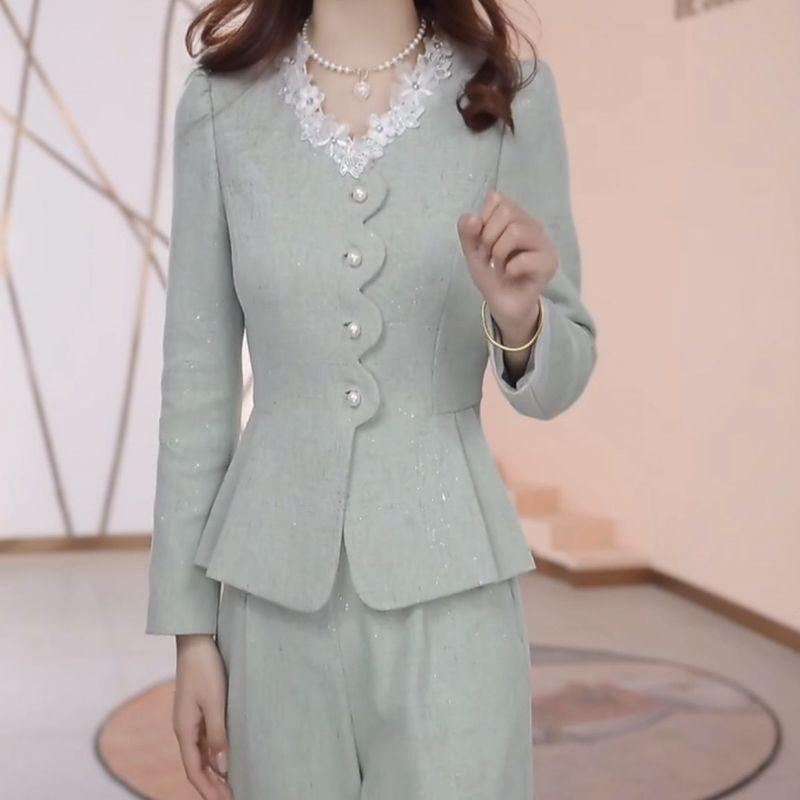 

Classy Worsted Elegant Tops Pants Fashion Suit 2025 Spring New Arrival Belly Covering Classic Style Work Clothing Two-piece Set Mint Green 4XL [Suggested 73.00 kg-80.00 kg]]