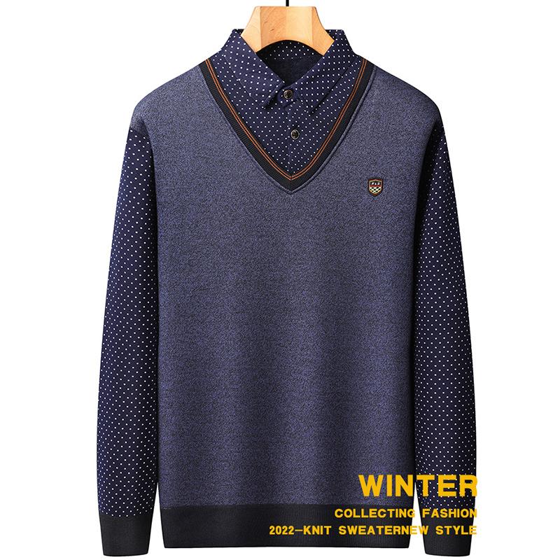 L-4XL Autumn and Winter New Fake Two Piece Sweater Men's Plush Knitted Warm Inner Wear Casual Versatile Pullover Top