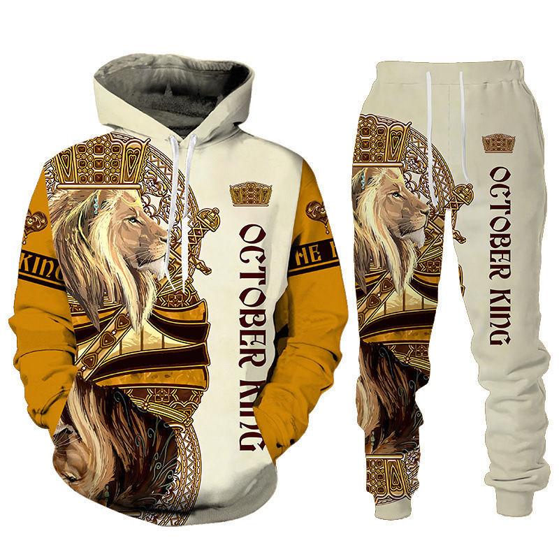 Autumn Winter Men King Lion Hoodie Set Fashion Clothing Male Hooded Coat Vintage Pullover Tracksuit Casual Stylish Streetwear
