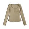 Women's Slim-Fit Long-Sleeve Henley V-Neck Top with Pocket, Stretchy Fine Cotton, Spring/Autumn Style