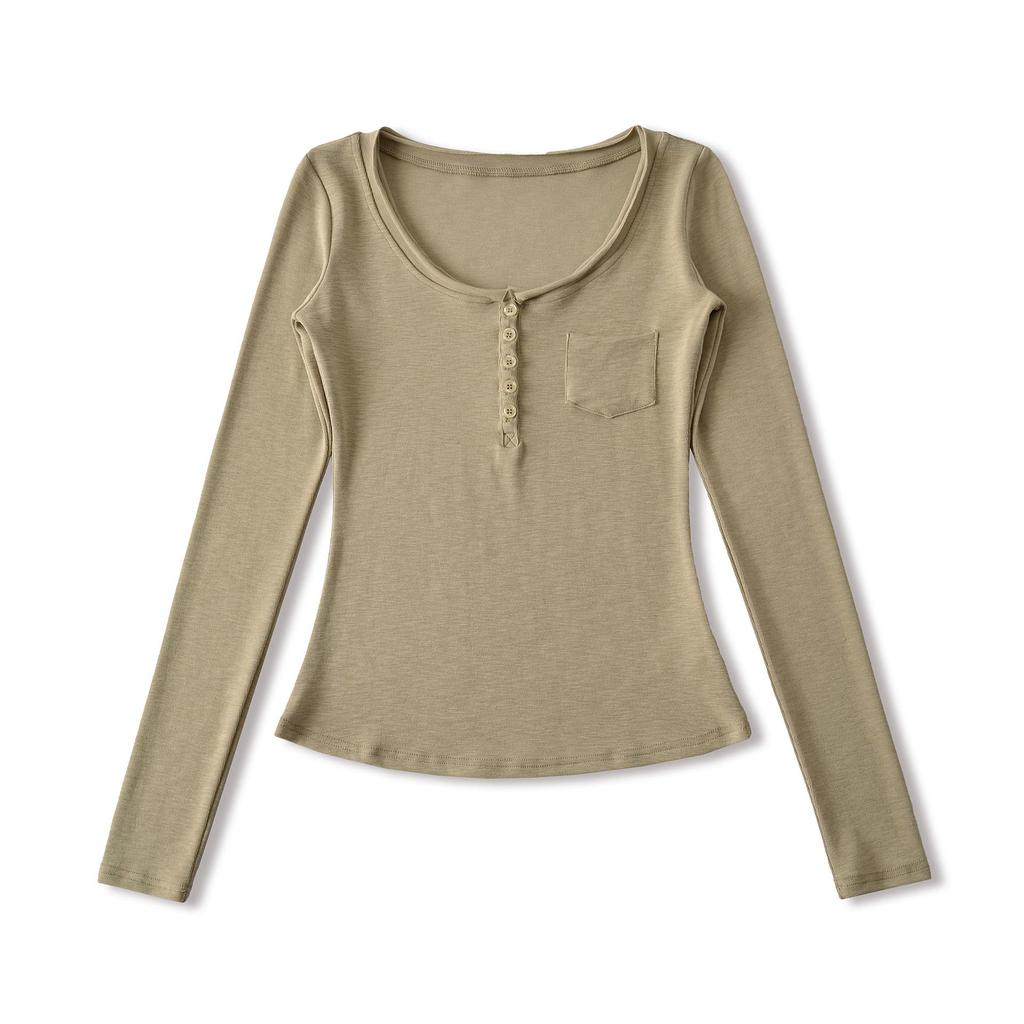 Women's Slim-Fit Long-Sleeve Henley V-Neck Top with Pocket, Stretchy Fine Cotton, Spring/Autumn Style