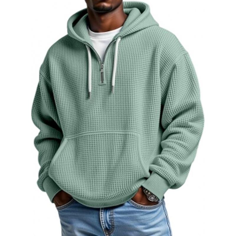 Herren Hellblauer Kapuzenpullover mit durchgehendem Reißverschluss, Mesh-Pullover mit Kängurutasche, Lässige Jacke mit Reißverschluss vorne