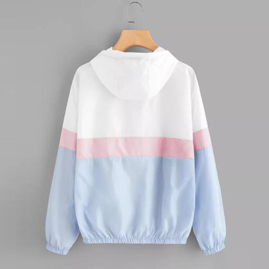 Womens  Long-sleeved Hooded Zipper  Stitching Contrast Color Windbreaker Coat