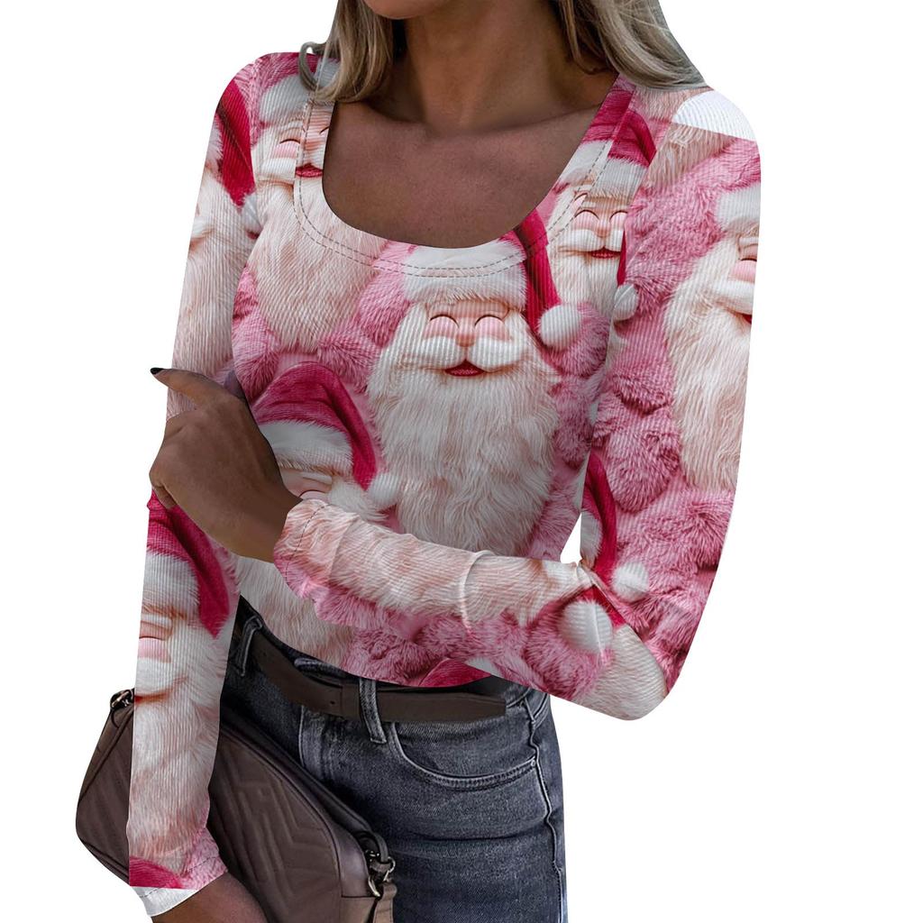 Women's Fashion Slim Bottom Casual Long Sleeve Christmas Printed Pullover U Neck Top