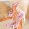 Pink Floral Print Transparent 11CM Stiletto Sexy High Heels for Ladies Women's Fashion Pumps Shoes Elegant Zapatos De Mujer