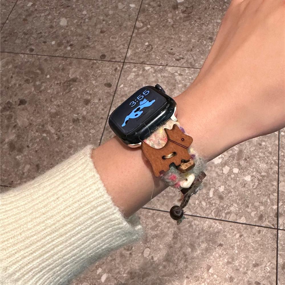 Śliczny pluszowy drewniany pand do Apple Watch Series 9 8 7 6 5 4 3 2se pasek do zegarka do IWatch Ultra 2 49mm 45 41mm 40 44mm bransoletka