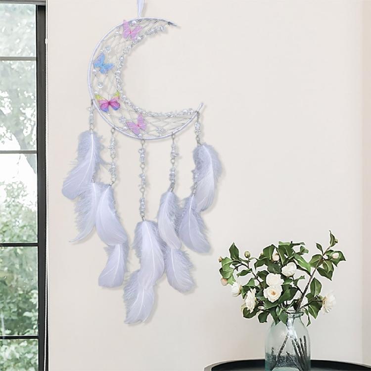 Cattura Sogni Intrecciati a Mano a Forma di Luna Decorazioni da Parete Fiore di Cristallo Farfalla Appendi da Parete Piumati Decorazioni per Camera da Letto