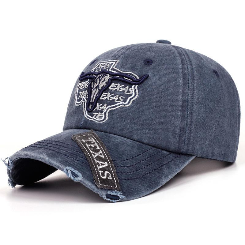 Vintage American-Style Washed Distressed Bull Head Embroidery Baseball Cap Outdoor Casual Sun-Shading Distressed Visor Cap