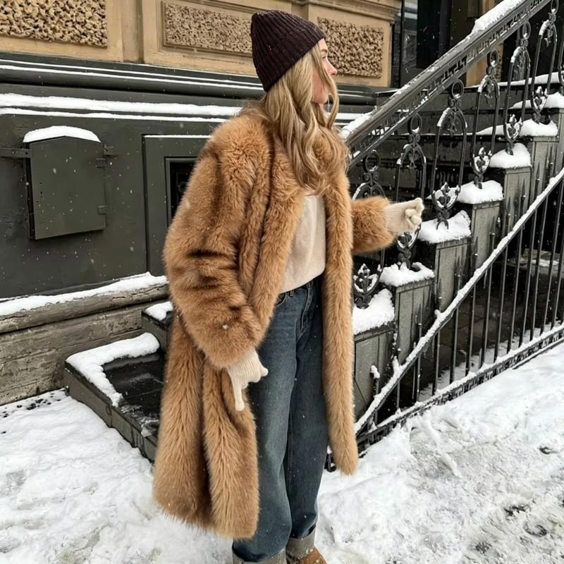 Color Block Striped Faux Fur Coat Long Warm Fashion Eco Jacket Women