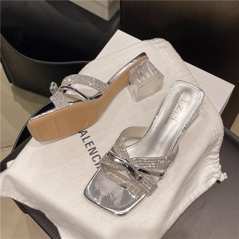 

New high-heeled sandals 2025 women s shoes spring and summer rhinestone women s shoes soft sole not tired feet crystal heel women s shoes 39 серебряный