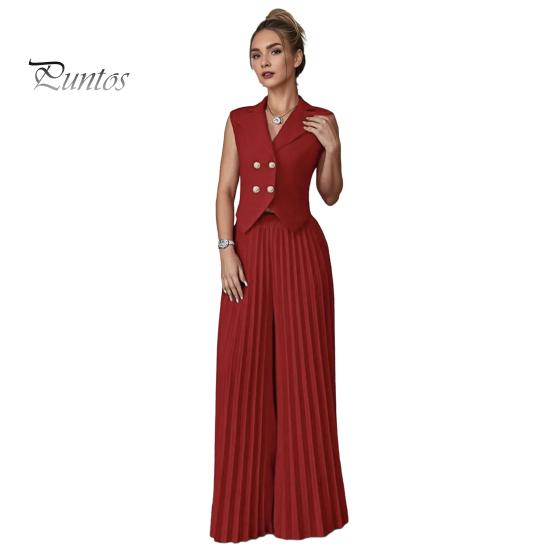 Comfortable Spring Suit Women's 2 Piece Vest Sets Sleeveless Button Crop Blazer Women Set And Wide Leg Pleated Pants Casual Business Outfits Everyday