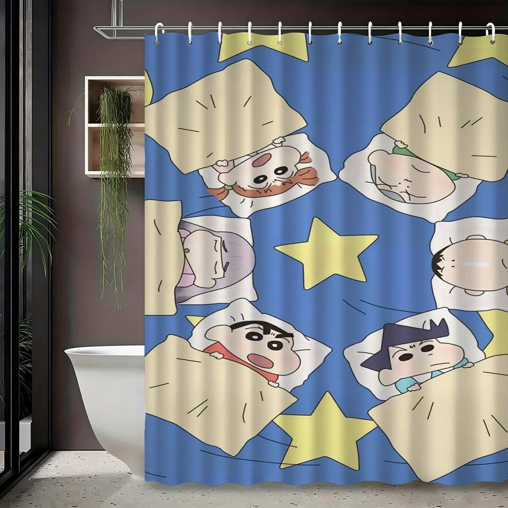 Crayon Shin-Chan & Friends & Shiro Night Forest Firefly Adventure Scene 2D Print Waterproof Shower Curtain, Mysterious Purple &