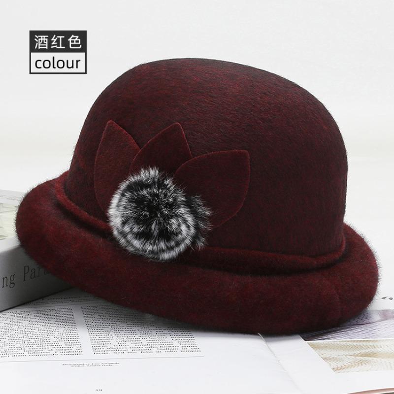 Middle-aged woolen basin hat, women's top hat, burgundy season, middle-aged women's hat, spring hat, big-brimmed sun hat
