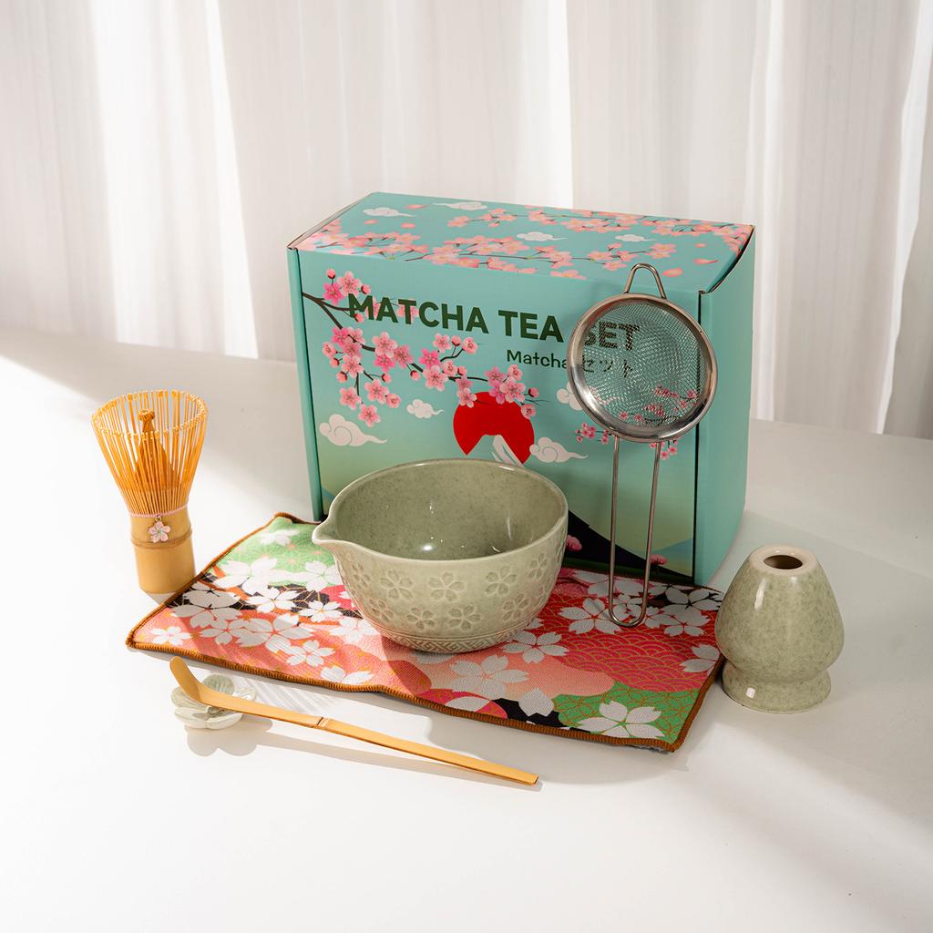 Japanese Matcha Tea Set With Cherry Blossom Pattern, Bamboo Whisk, Ceramic Matcha Bowl, Matcha Making Kit, Tea Utensils Set Gift