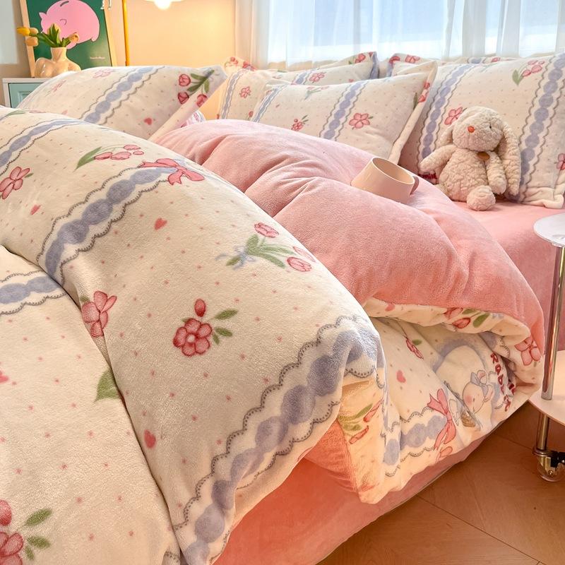 Thickened Milk Fleece Four-Piece Set, Coral Flannel Quilt Cover, Double-Sided Fleece Bed Sheet Quilt Cover, Bed Hat Three-Piece Set