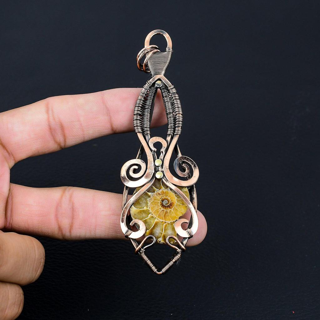 Pietre prețioase fosile uimitoare de amonit, sârmă de cupru pur, bijuterii cu pandantiv lucrate manual
