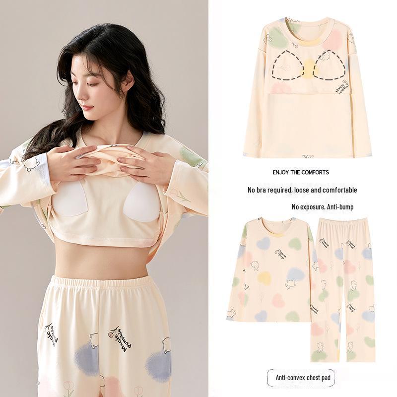 Women's Cartoon Long-Sleeve Pajamas with Chest Pads - Lightweight Home Loungewear for Autumn and Spring