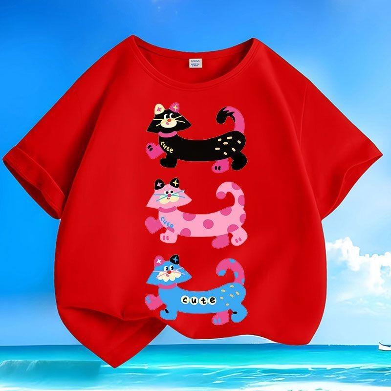 New Arrival Summer Cartoon Big - Face Cat Kids T - Shirts | Trendy & Loose | Crew Neck Short - Sleeve Top for Boys & Girls