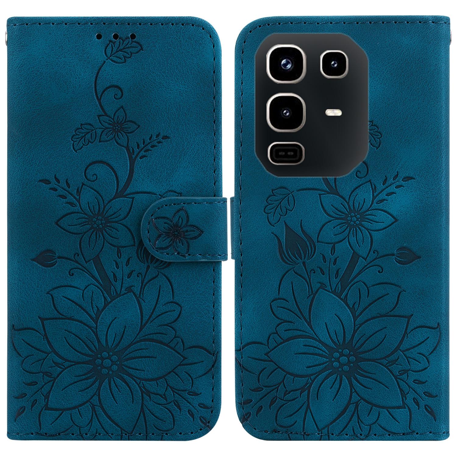 

For Infinix Note 50 4G/Note 50 Pro 4G Stand Case Lily Flower Imprint Leather Phone Cover with Wrist Strap Dark Blue